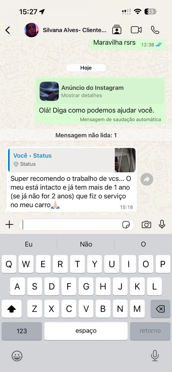 Depoimento de cliente no WhatsApp