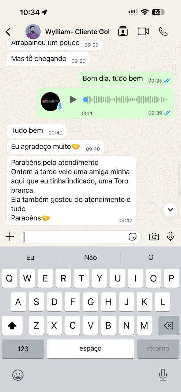 Depoimento de cliente no WhatsApp