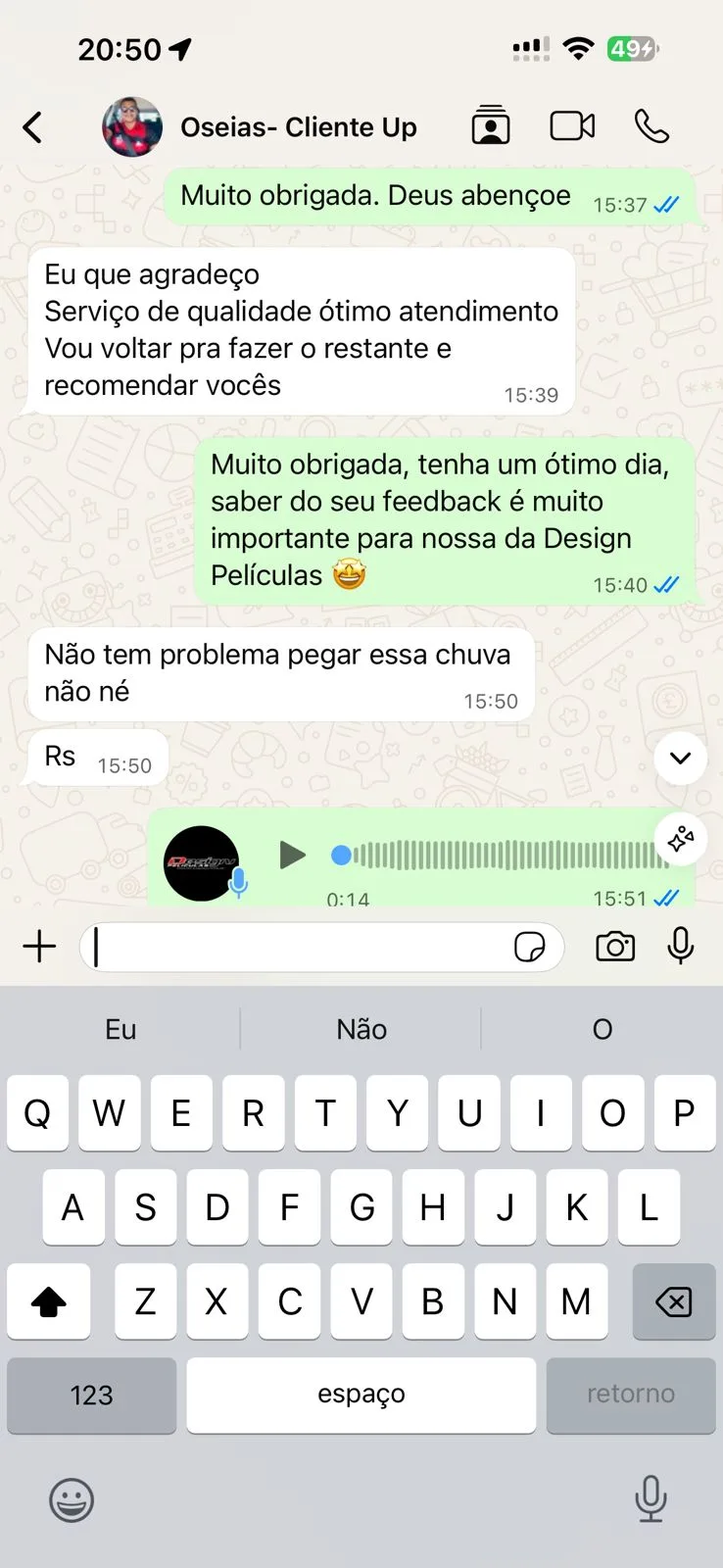 Depoimento de cliente no WhatsApp