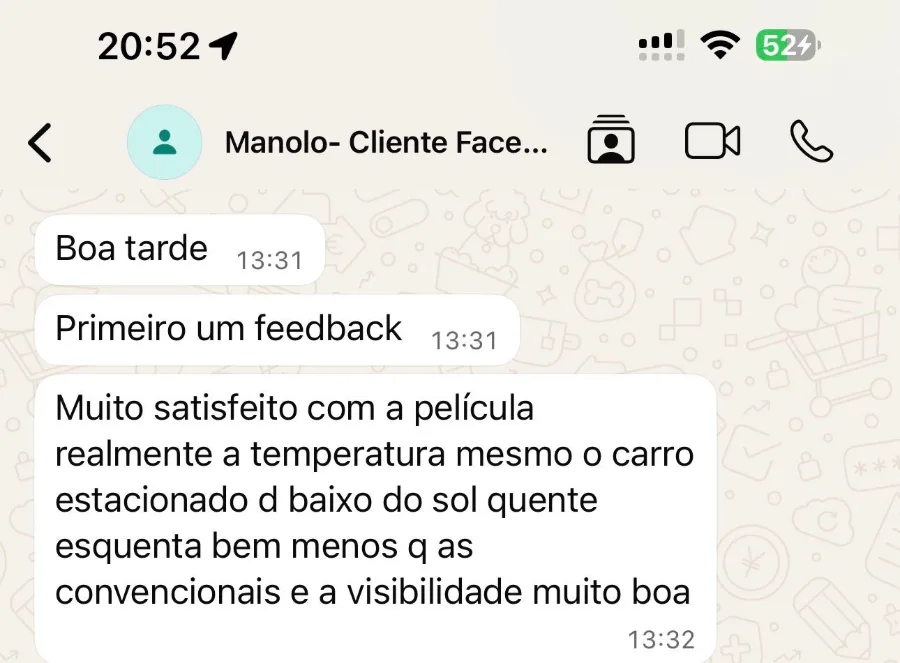 Depoimento de cliente no WhatsApp