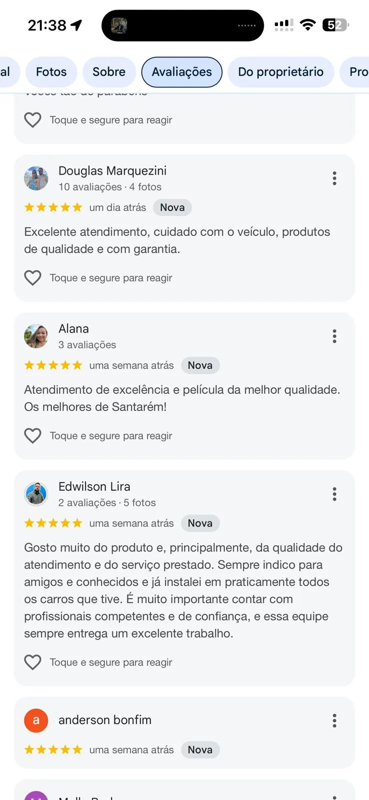 Avaliação de cliente no Google