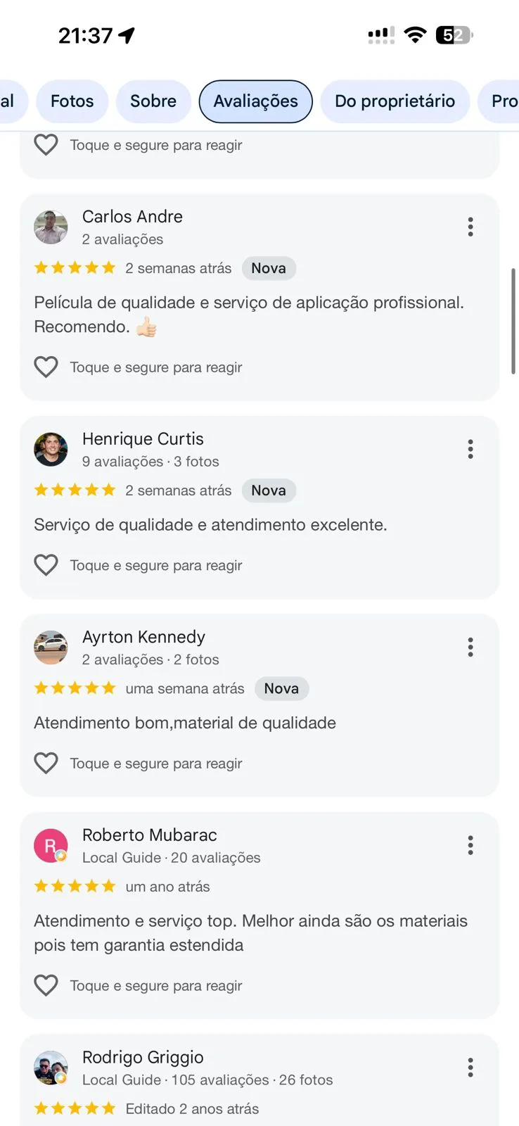 Avaliação de cliente no Google